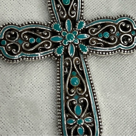 Brighton Southwest Inspired Teal Blue Enamel Oversized Cross Pendant Necklace! - Picture 10 of 10
